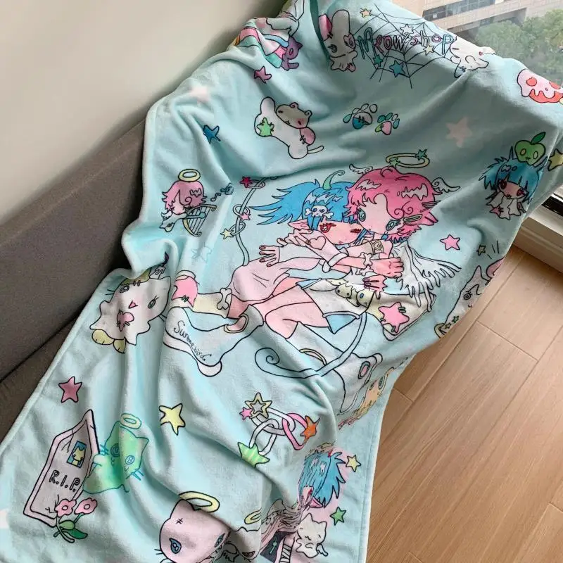 Doppelseitige Flanelldecke mit Engels-Teufels-Aufdruck, dicke Winter-Überwurfdecke für Büro, Mittagspause, klimatisierte Decke