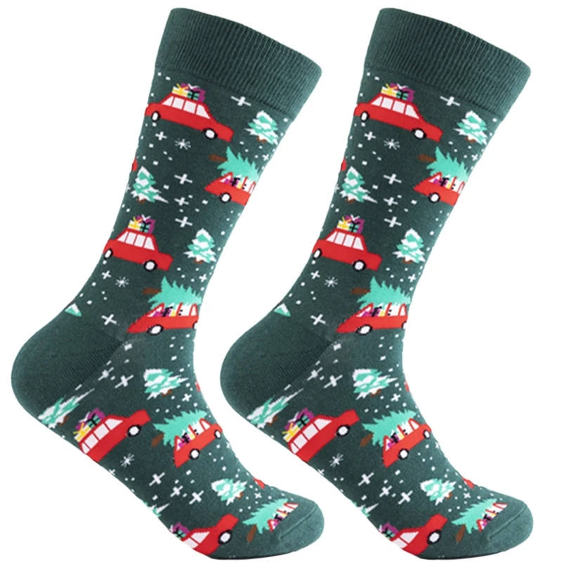 Men Christmas Holiday Cotton Socks Colorful Cartoon Santa Dinosaur Reindeer Printed Funny Festival Tube Stockings