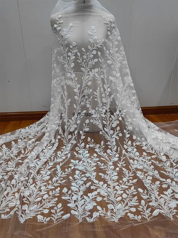 new-style-high-quality-white-beaded-sequined-branch-style-lace-tulle-for-wedding-dresses-head-veils-and-clothing-accessories