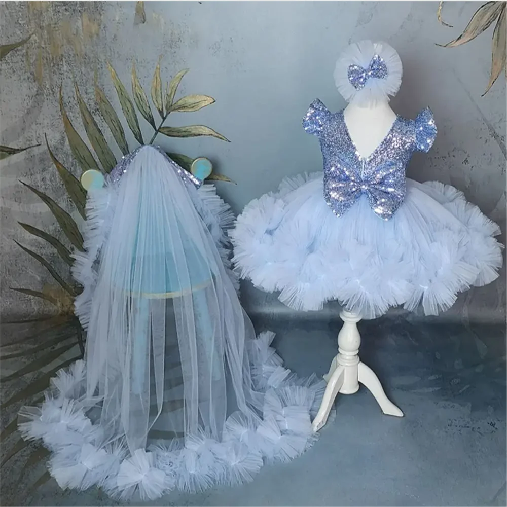 Vestidos de lujo para niña de flores para boda, apliques de cuentas de tul, vestido de desfile de princesa, vestido de primera comunión de manga larga