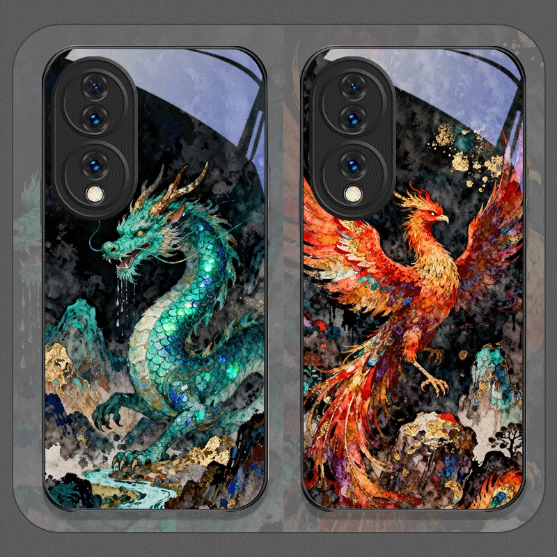 Funda de Teléfono de Vidrio Templado con Estampado de Dragón Fénix Estilo Chino para Huawei Nova 13 Pro 12 11 SE 10 P60 Lite Mate 40 50 60
