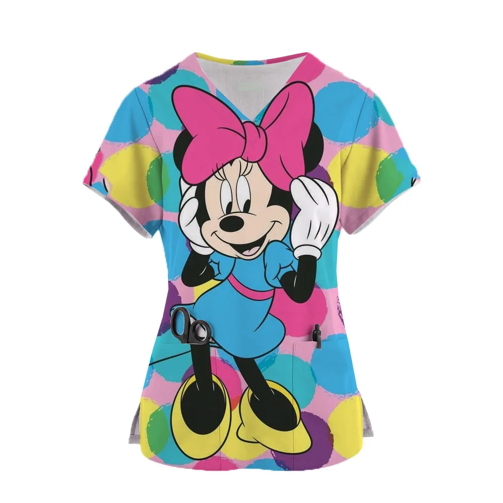 2024 Minnie Mouse T-shirts V Neck Nurse Uniform T-shirt Mickey Top Women Pocket Woman Clothes Hospital Summer Tops Disney Tees