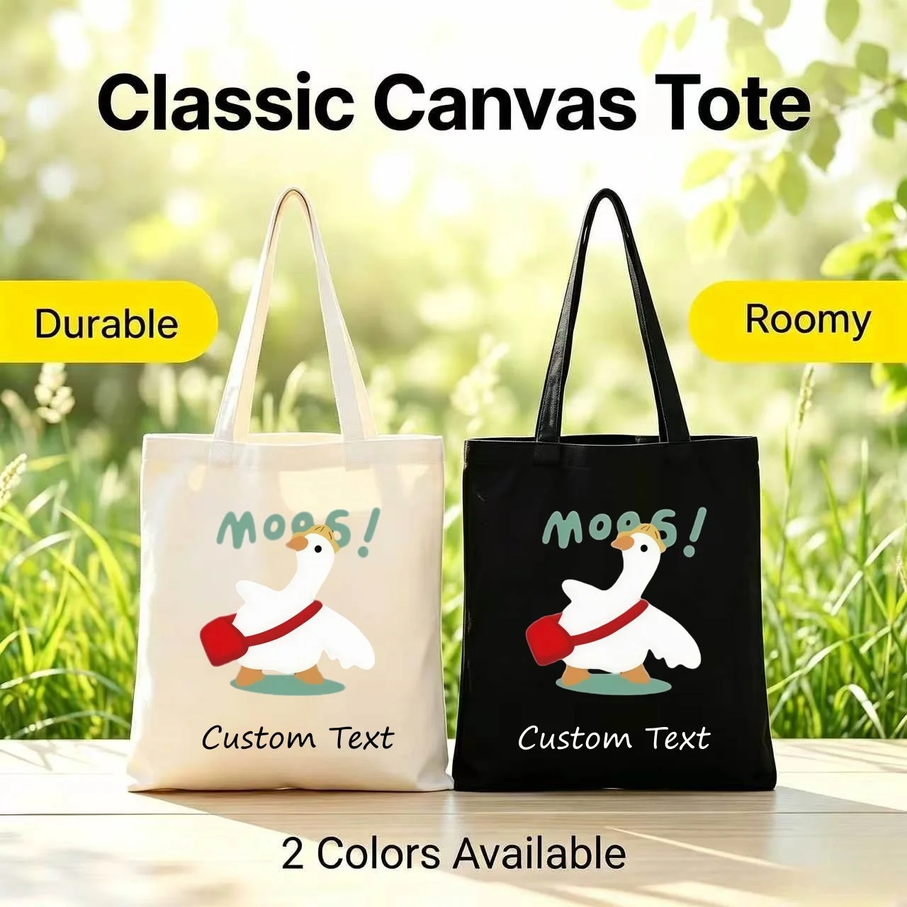 1PC Custom Canvas Tote Bag Cute Goose With Hat Bag Print Custom Text Eco Reusable Shopping Shoulder Handbag