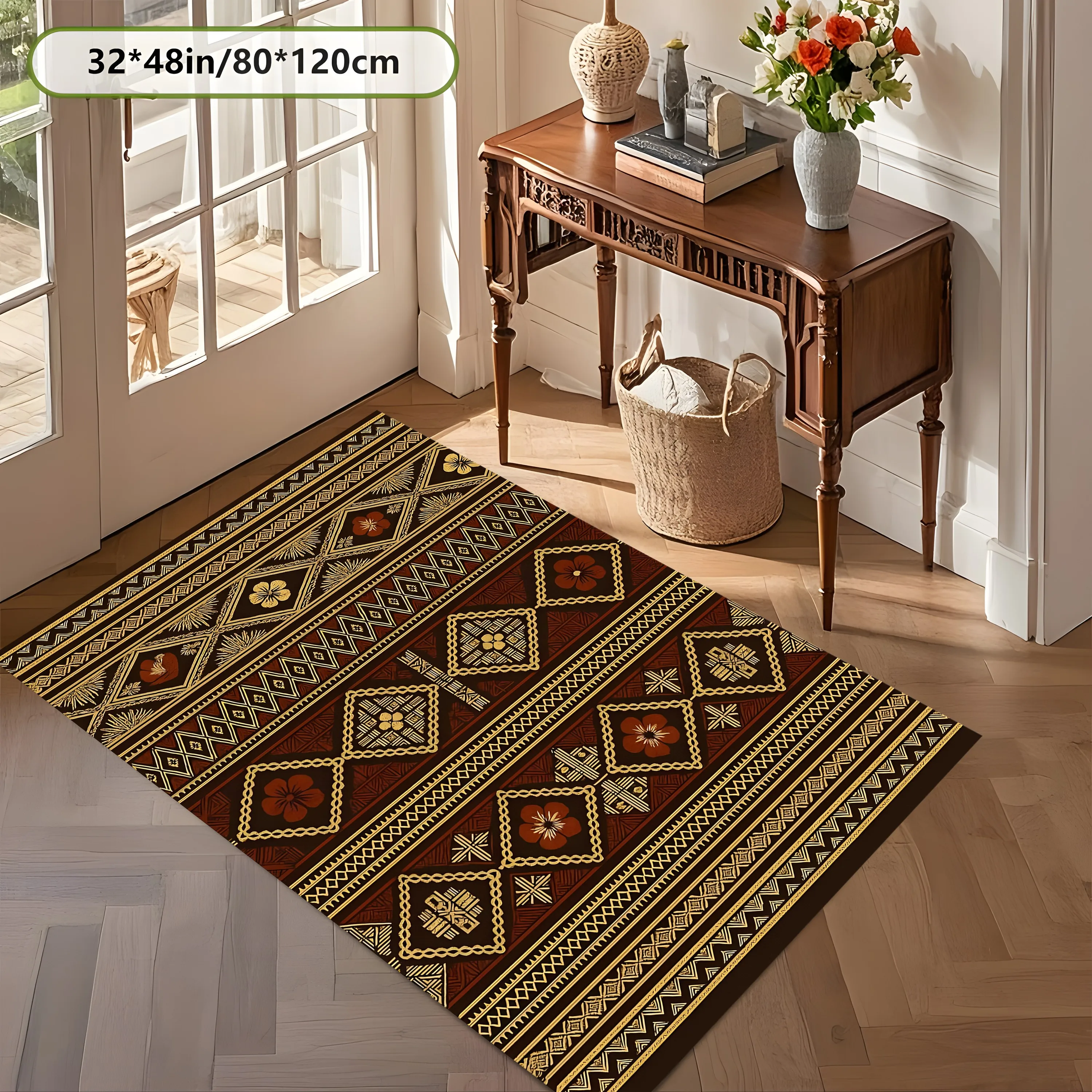 2D Carpet with Red Brown Gold Diamond Ethnic Floral Pattern in Retro Exotic Style for Living Room and Bedroom