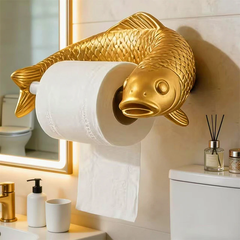 Golden Carp Roll Paper Holder Bathroom Toilet Tissue Holder No Drilling Wall Mounted Storage Rack Home Decoration Gift