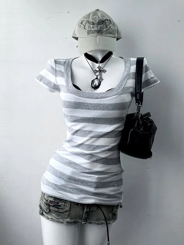 

Original Retro Striped T-irt ort Sve Slim Fit Summer Faionable Waist-Cinching Slimming Korean Sle Commute Cotton