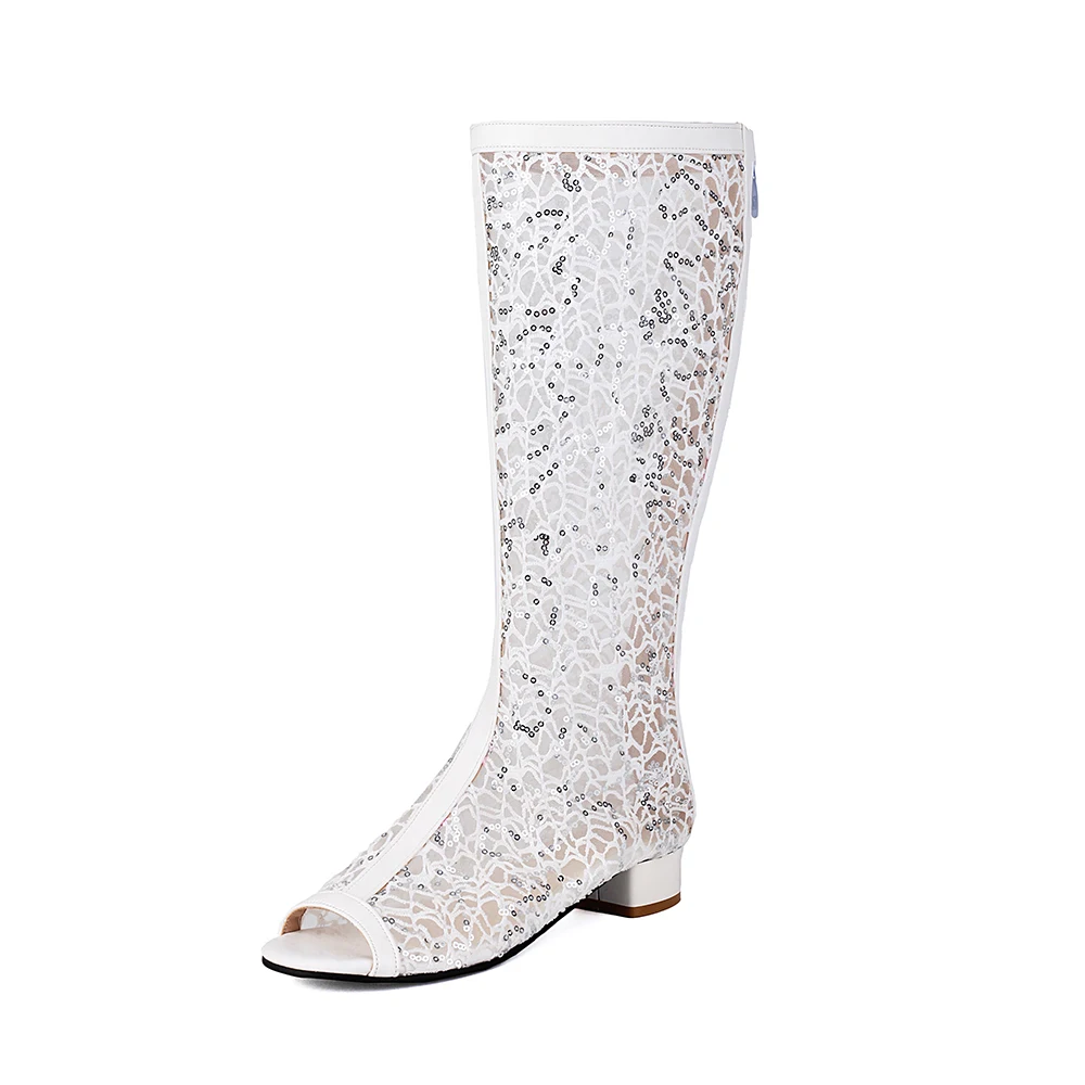 New Fashion White Black Women High Calf Summer Boots Mesh Low Square Heel Lady Party Sandals  Plus Big Size 10 44 46 view 2