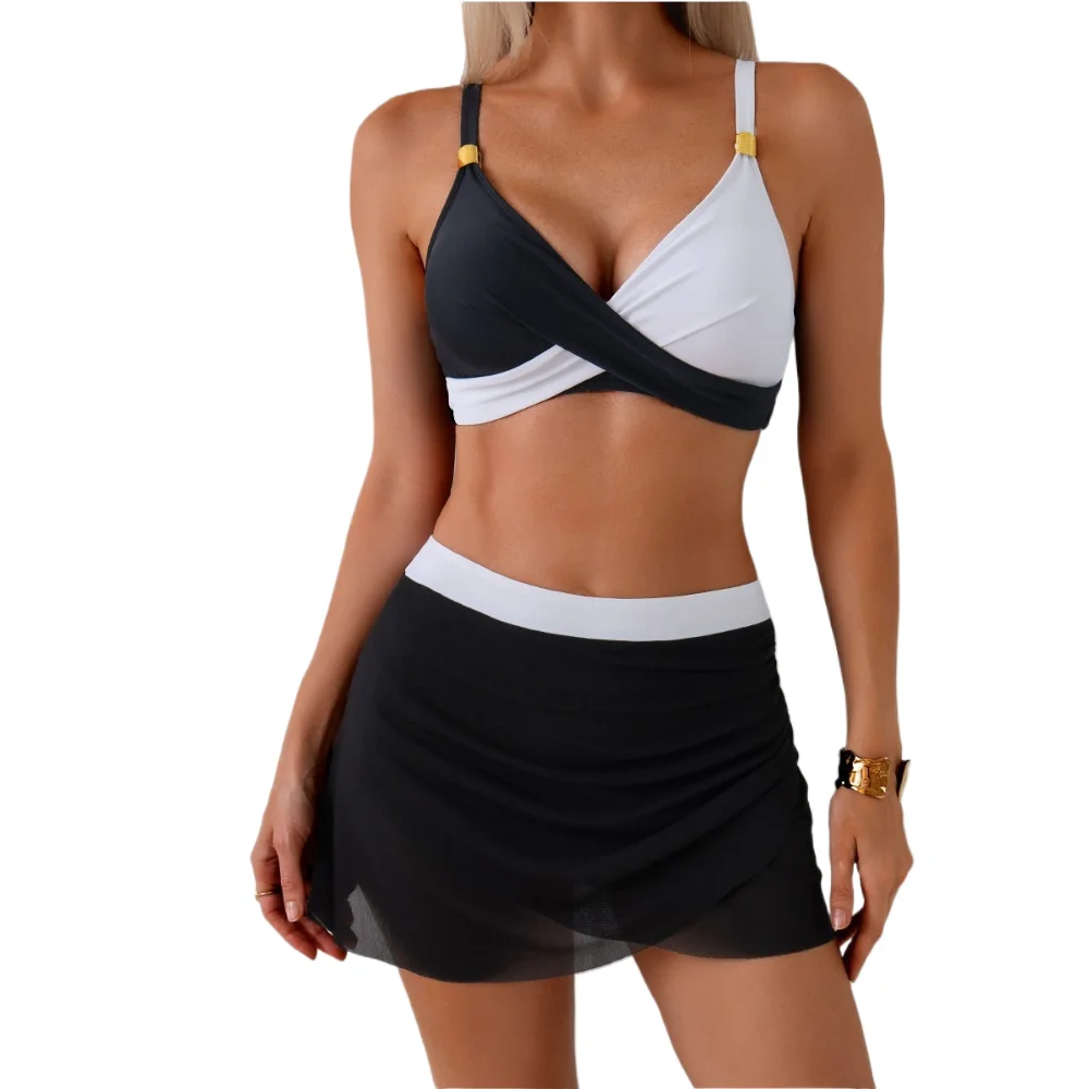 2026 New Color Block Two Piece Bikini Women Mesh Skirt Sports Swimsuit Color Block Split Bathing Suit for Women