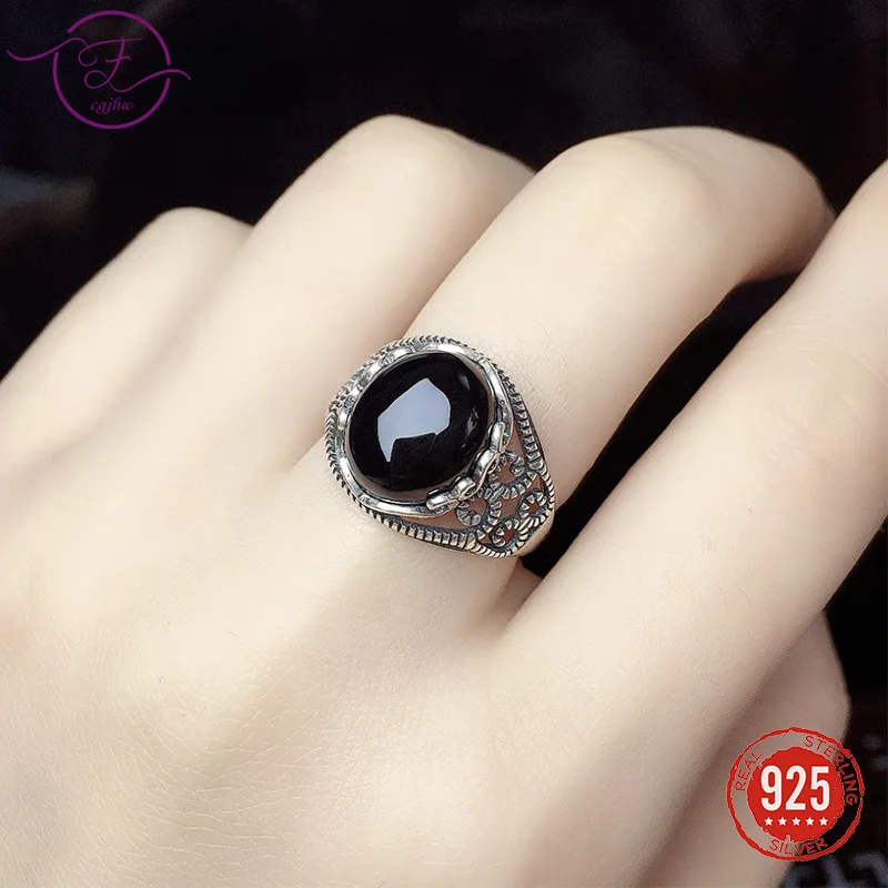 

Кольцо из стерлингового серебра 925 пробы с черным агатом для женщин, винтажное широкое полое кольцо с драгоценным камнем, регулируемое кольцо, уникальные модные мужские кольца на палец