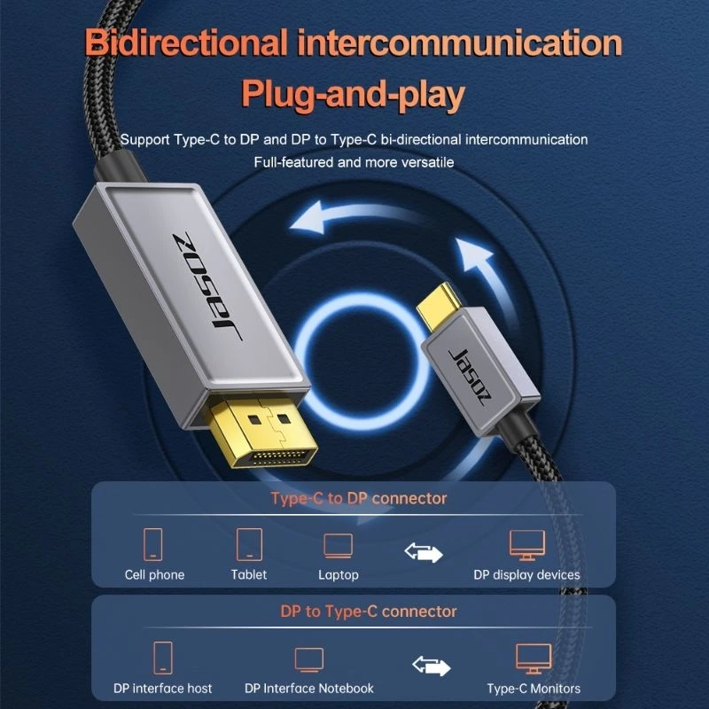 Jasoz 타입 C-디스플레이 포트 케이블, 8K @ 60Hz HDR USB C-DP 케이블, 휴대폰 태블릿 PC용, 썬더볼트 3/4 DP 코드 호환