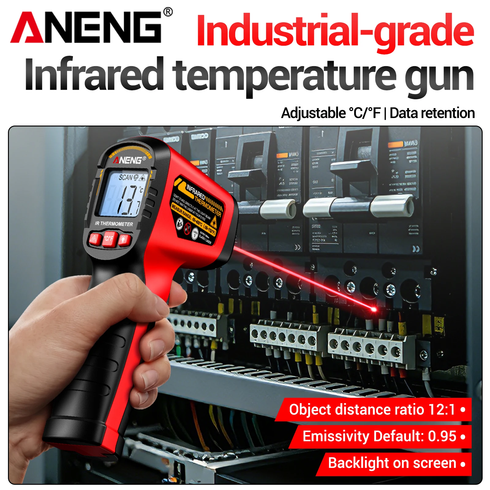 ANENG TH204 Industrial Infrared Thermometer -50‑400℃ 12:1 D:S Laser Aiming Backlit Display Data‑Hold ℃/℉ Selectable Test Tool