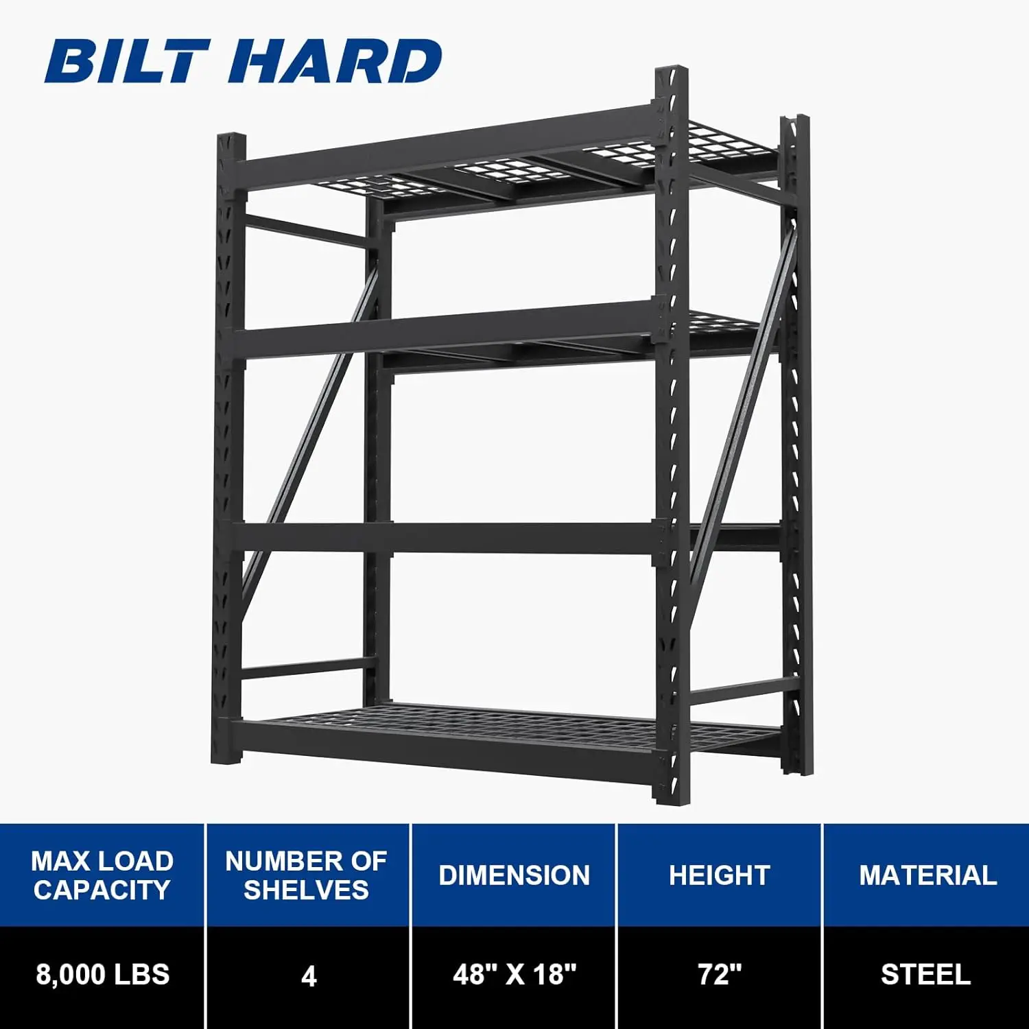 Unidade de prateleiras de garagem pesada, rack industrial, 4-Tier, prateleiras de metal ajustáveis, utilitário, 48 "W x 18" D x 72 "H, 8000LBS