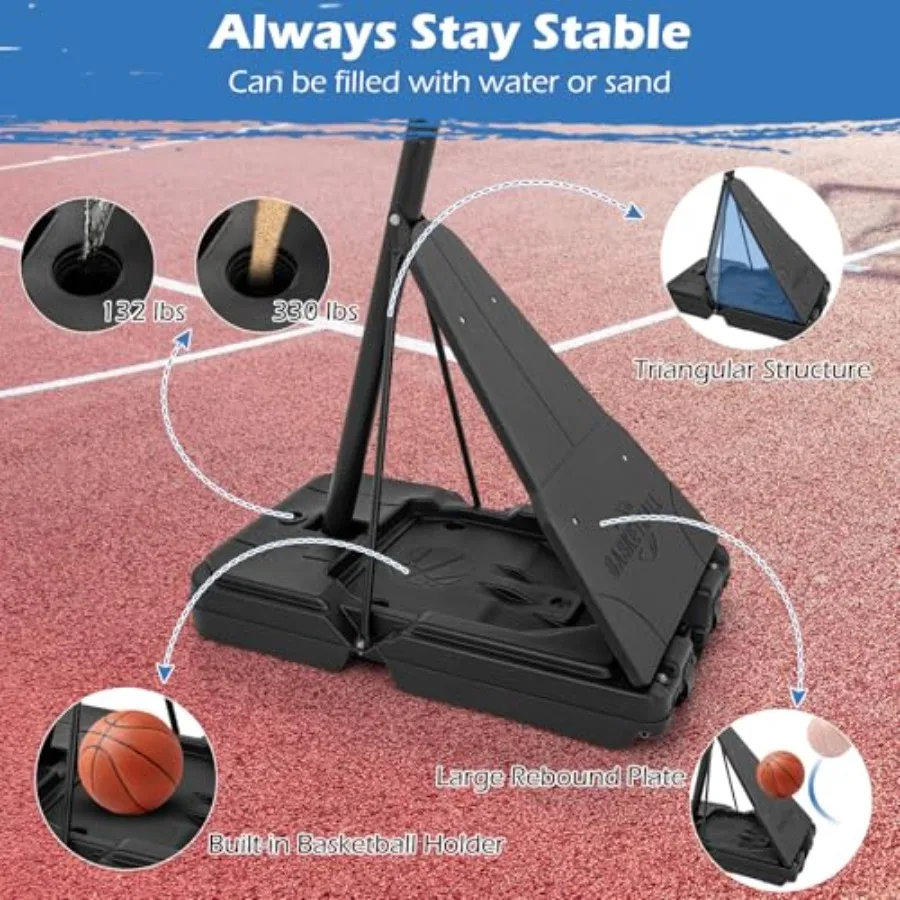 Portable Basketball Hoop with Height Adjustable Range from 4.9 to 10 Feet Features 44-Inch Polycarbonate Backboard Rebound Plat