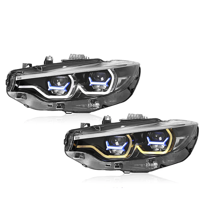 

Фара в сборе для BMW 4 серии F32 (2013-2020), модифицированная под M4, с синей рамкой, светодиодной линзой, двухцветными дневными ходовыми огнями, 12В