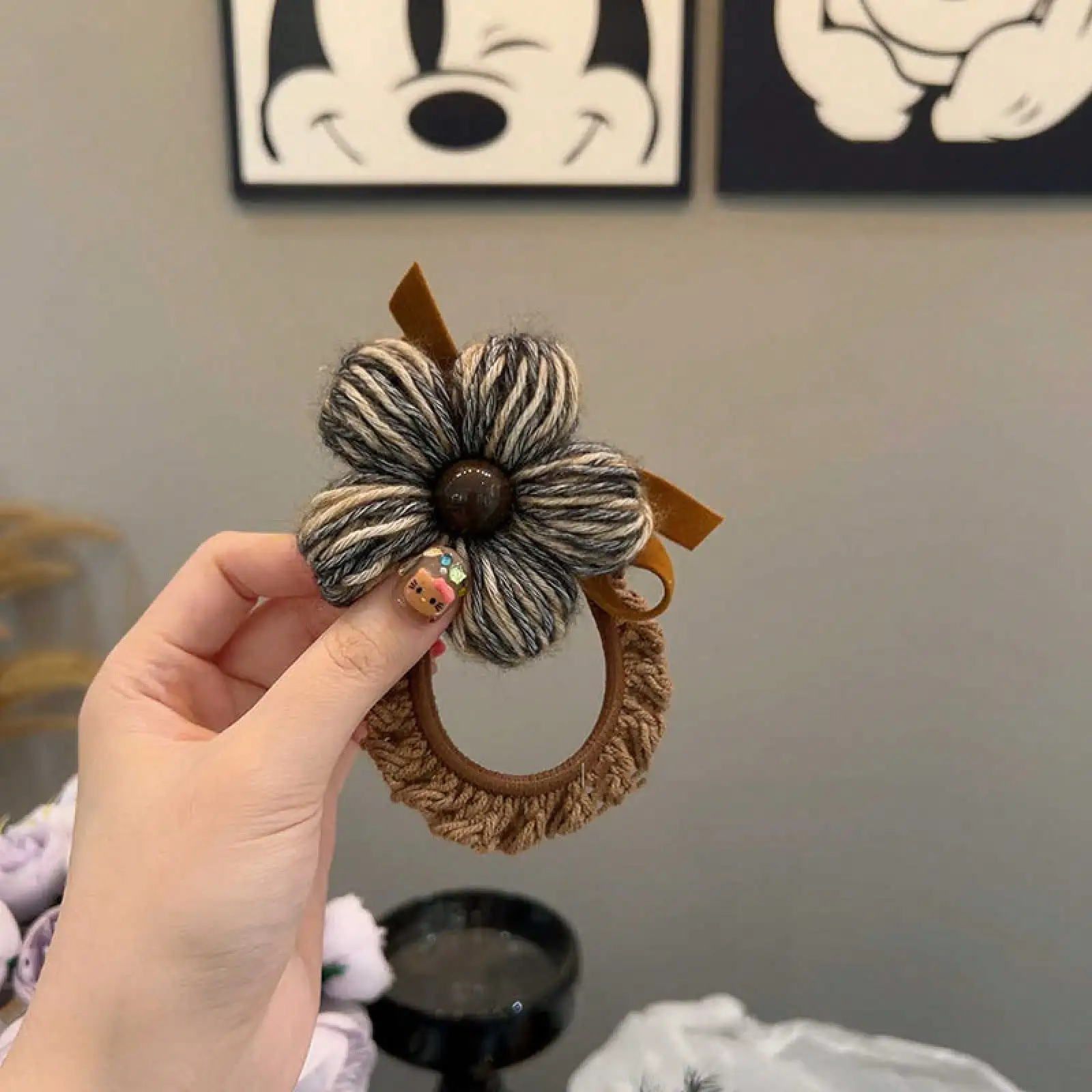

1pc Hand-Woven Flower Bow Hair Tie For Women, Autumn And Winter Vintage Yarn Hair Rope, Ponytail Elastic Band For Women