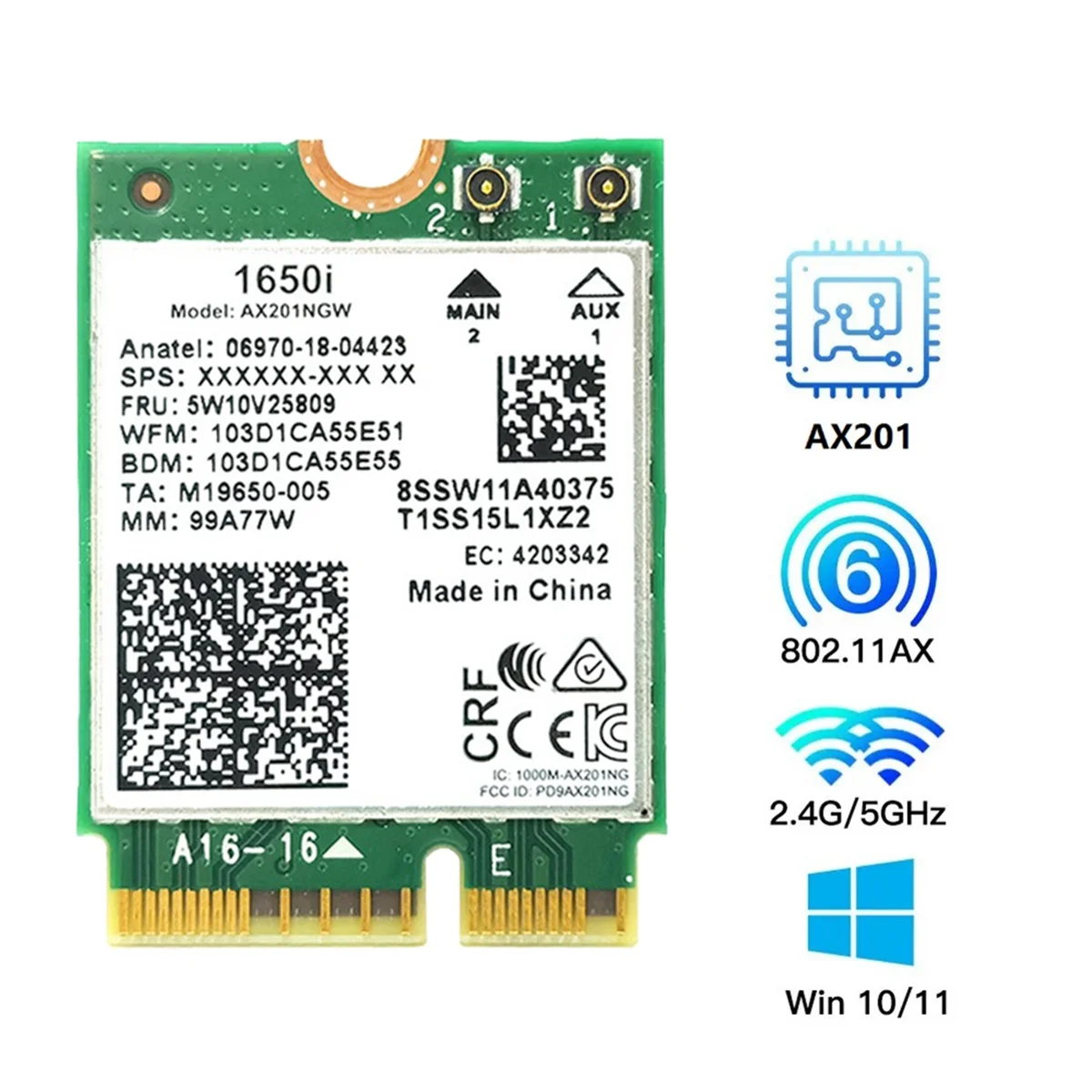 1650i AX201NGW WiFi Card+2x8DB Antenna 3000Mbps WIFI6 2.4G/5G Cnvio2 Bluetooth 5.1 WiFi Adapter for Win10/Win11