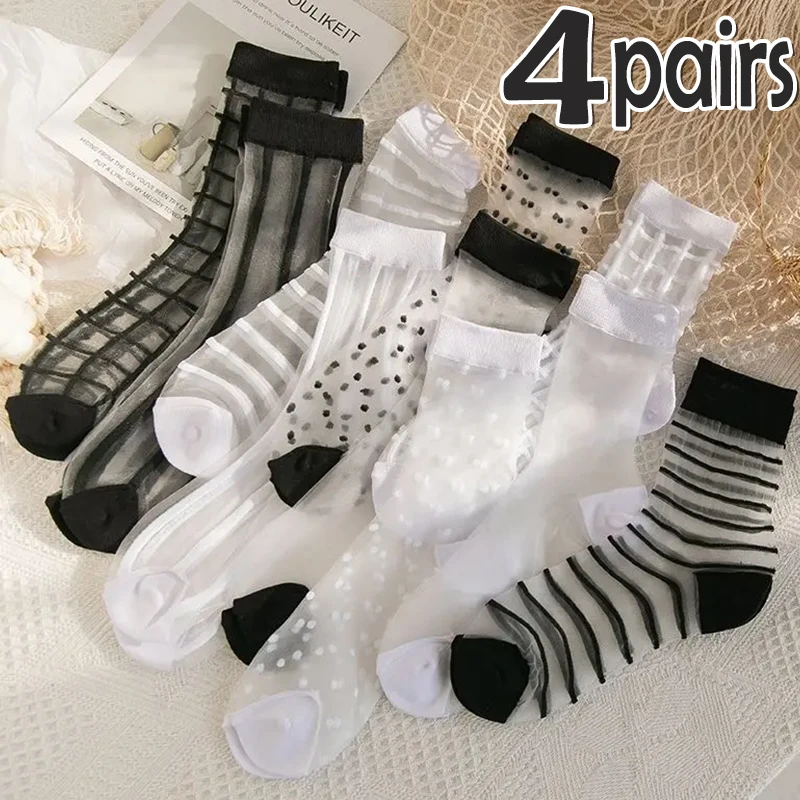 

Sweet Cute Lolita Silk Lace Socks Ruffled Love Heart Pattern Thin Socks Women Girls JK Mesh Crystal Transparent Black White Sock