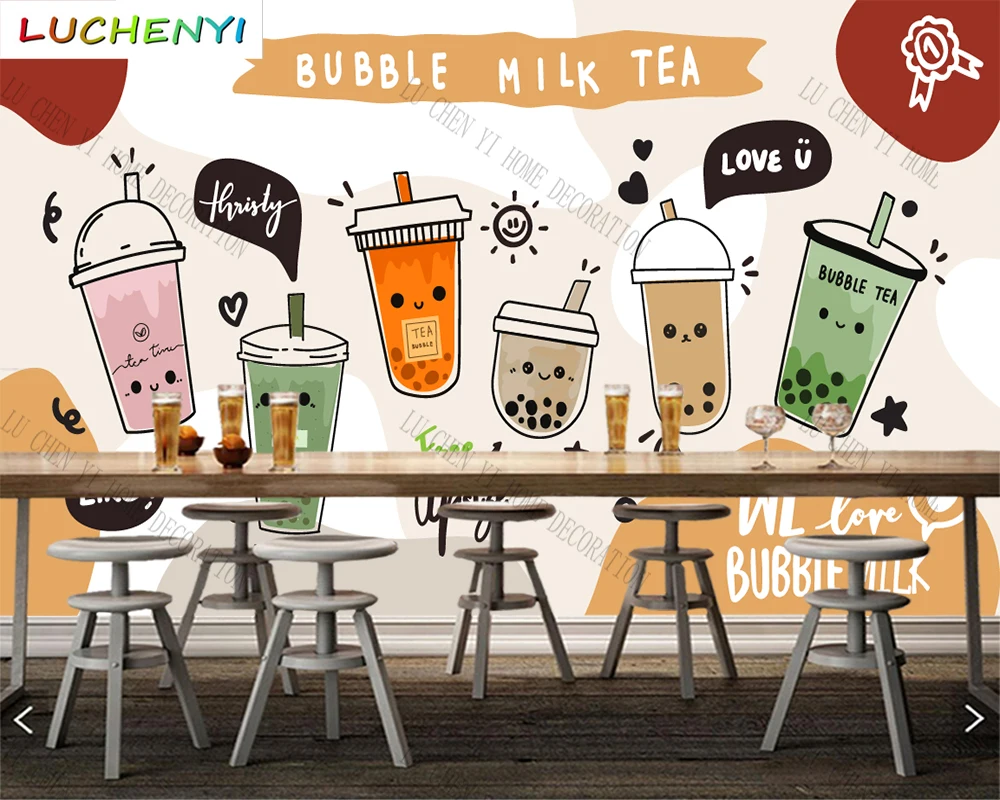 Custom bubble tea ice cream BOBA juice mural wallpaper restaurant cold drinking shop dining room wall papers home decor sticker