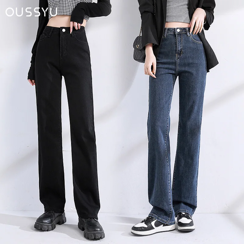 OUSSYU Jeans Women Straight Cotton High Waist Denim Pants Solid Color Black Blue Stretch Urban Fashion Vintage Baggy Trousers