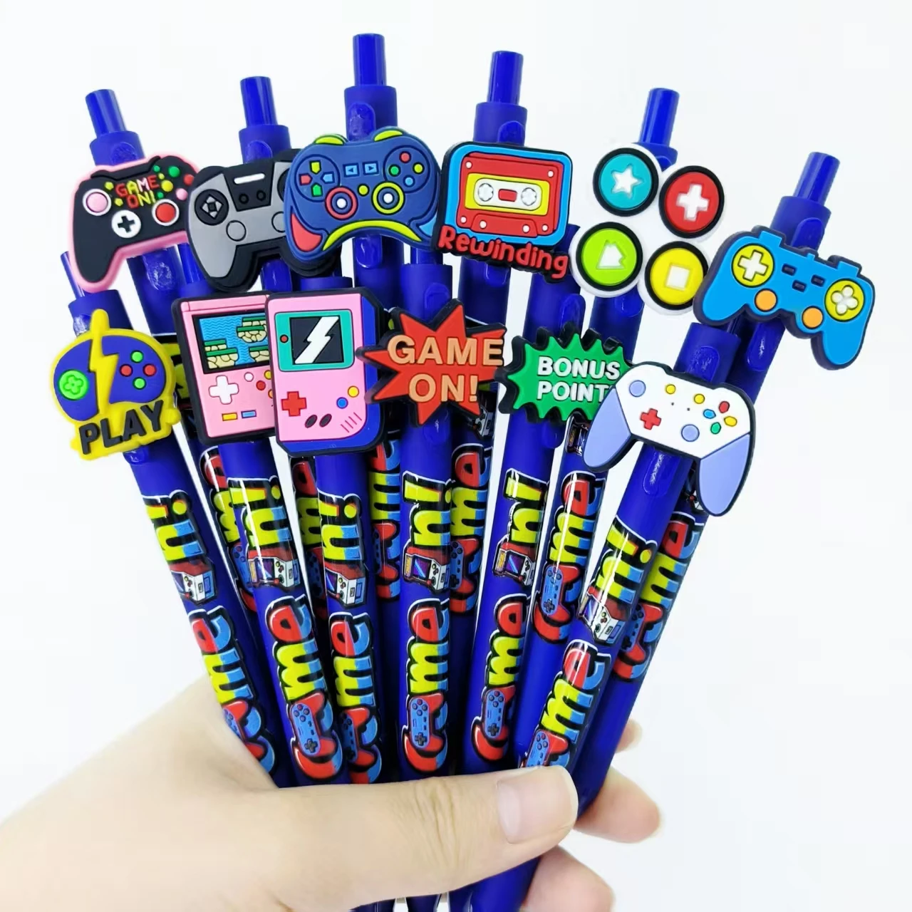 8/16 pezzi di attrezzature da gioco design stampa patch pen blu intenso portapenne serie penna a sfera scrittura stampa penna neutra