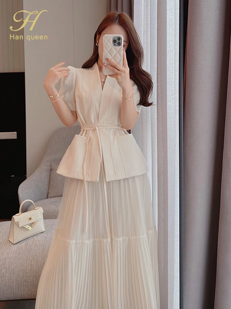 H Han Queen Elegant 2 Piece Office Dress Women Summer Simple Basic A-Line Dresses Short Sleeve Slim Long Casual Party Vestidos