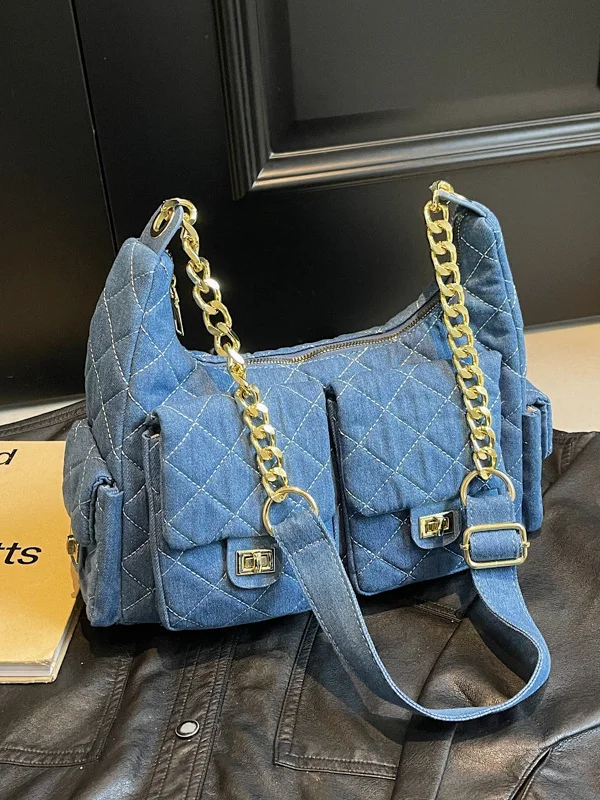 

Джинсовая сумка с несколькими карманами на одно плечо, женская модная сумка для подмышек, брендовая застежка-молния, средний размер