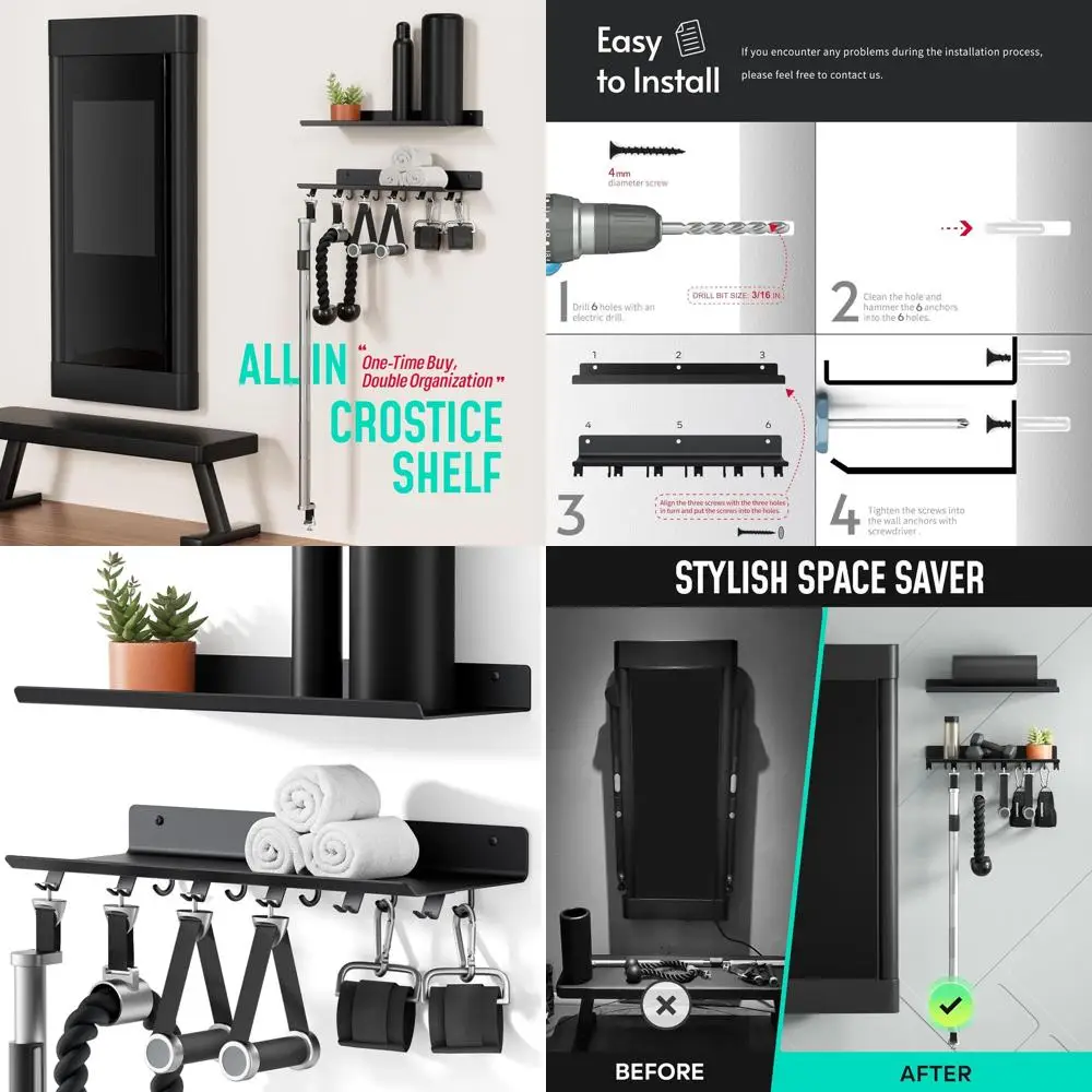 

Двухуровневая настенная полка для хранения в тренажерном зале с тональной совместимой с аксессуарами и вешалками с Т-образными кронштейнами — запатентованная в США