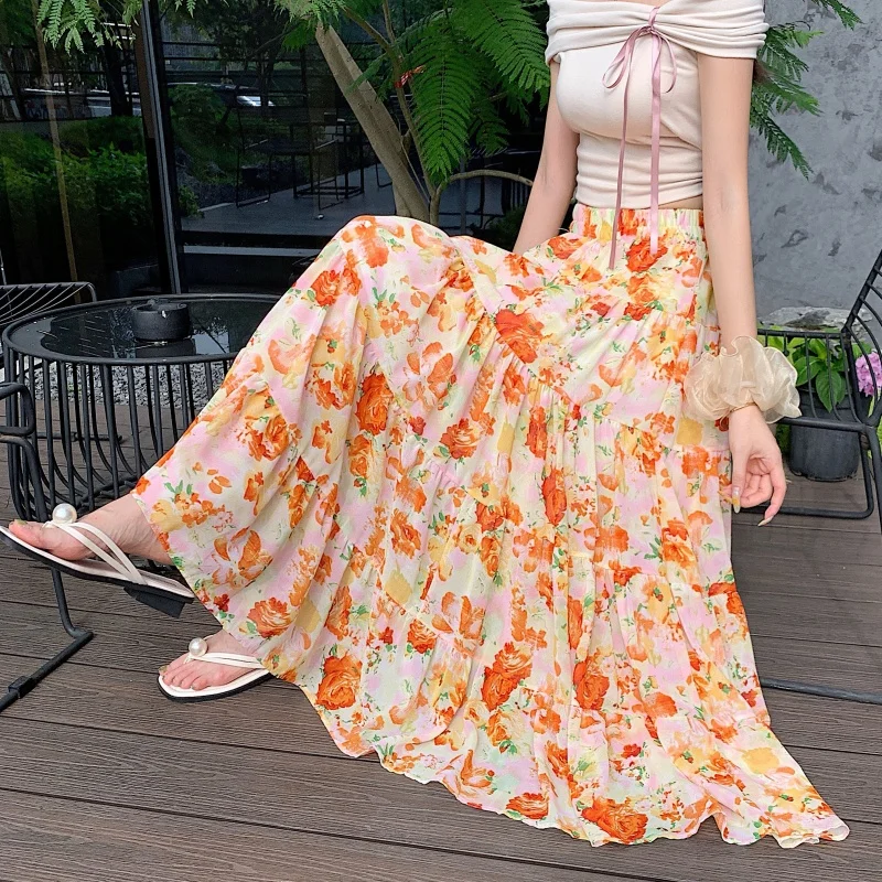 

Floral Print A-Line Midi Skirt Women's plus Size Flared Hem Splicing Slimming Vacation Style Polyester Fiber Cake Skirt