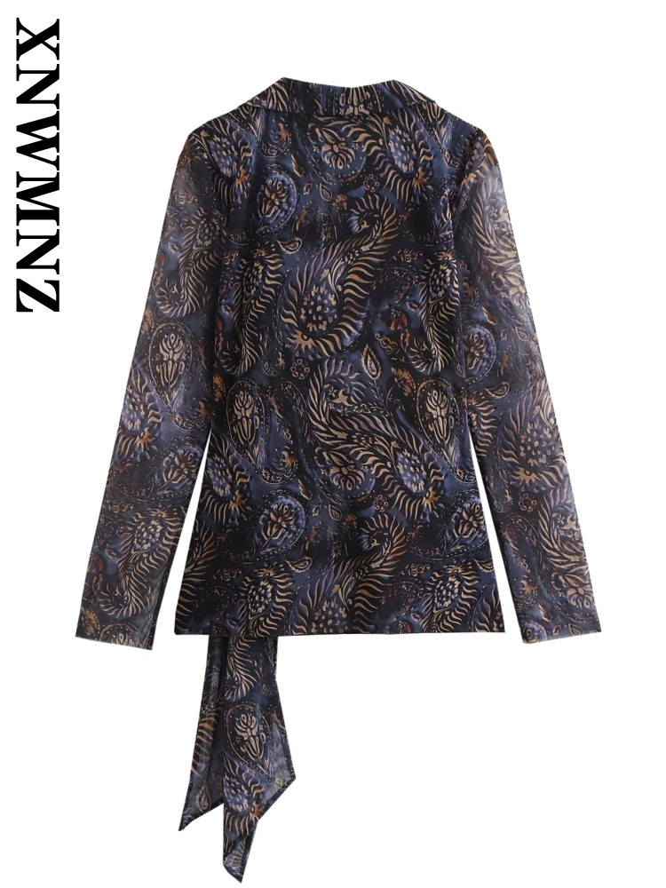 XNWMNZ 2024 Autumn Female Fashion V-Collar Jumper Blouses Casual Woman Lace Long Sleeve Pullover Print Irregular Shirt Floral