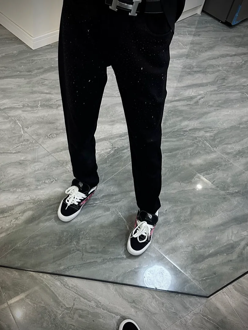 

All-Season Versatile Pure Bla Rhinestone Slim Fit Jeans Men's Korean Sle New Faion Bootcut Pants Wear-resistant Long Tr...