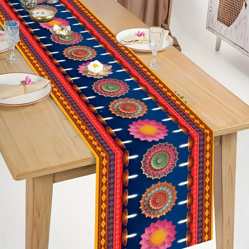 Happy Diwali Festival of Lights Linen Table Runner Holiday Party Decor Reusable Kitchen Dining Table Runner Diwali Decorations