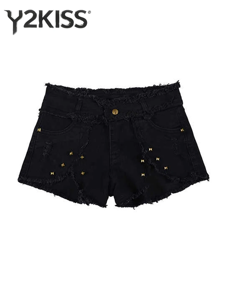 2026 Summer Women American Retro Black Low Rise Jean Shorts Goth Kpop Design Denim Shorts Y2K 2000s Japanese Harajuku Hot Pants