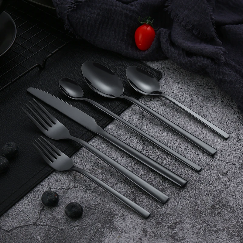 1Pcs Stainless Steel Black Cutlery Knife Fork Spoons Square Handle Tableware Coffee Ice Spoon Dessert Fork Polished Dinnerware