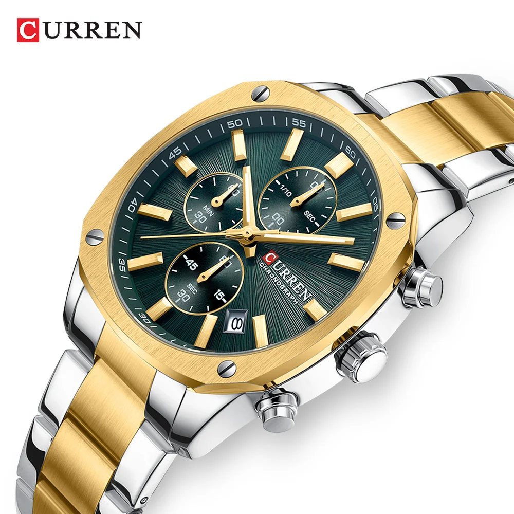 CURREN 8490 Top Brand Chronograph Watch for Men Stainless Steel Band Quartz Clock with Luminous Pointers Wristwatch 2026 Hands