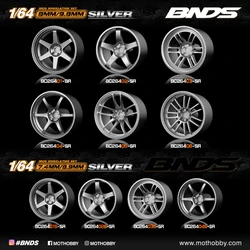 BNDS 1/64 ABS Wheels Rubber Tires by SILVER Assembly Rims Modified Parts JDM VIP Style for Model Car Vehicle 4pcs Set