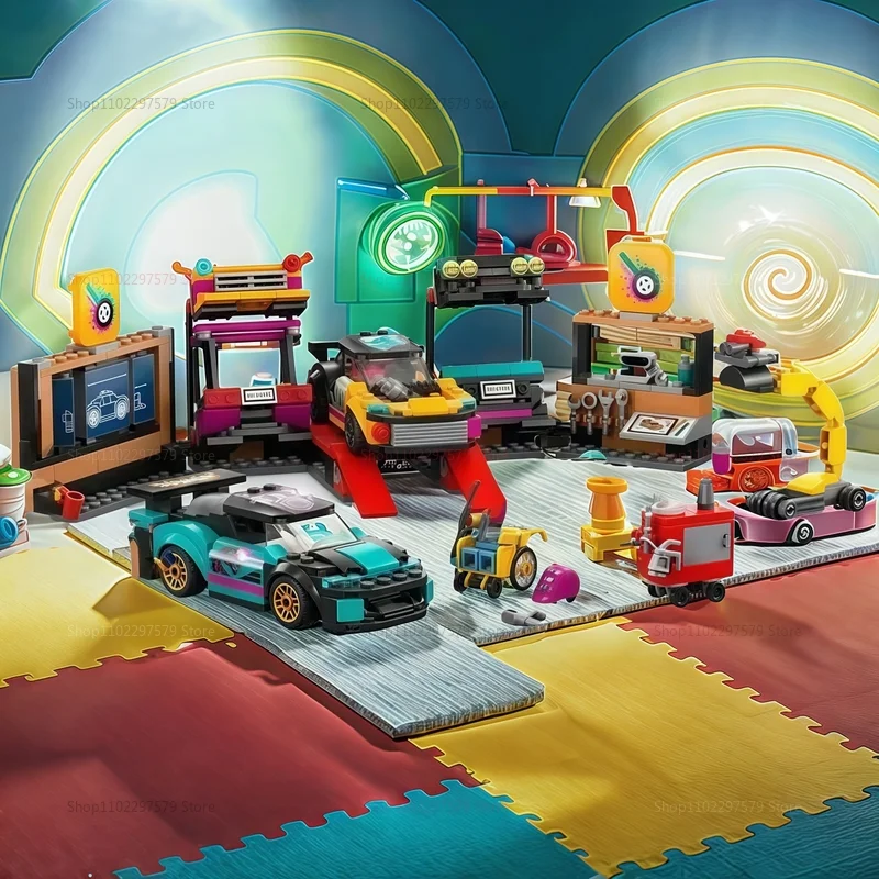 Neue Bausteine City Car Modifikation Reparaturstation 4S Shop kompatibel mit 60389 zusammengebauten Rennspielzeug Kindergeschenke