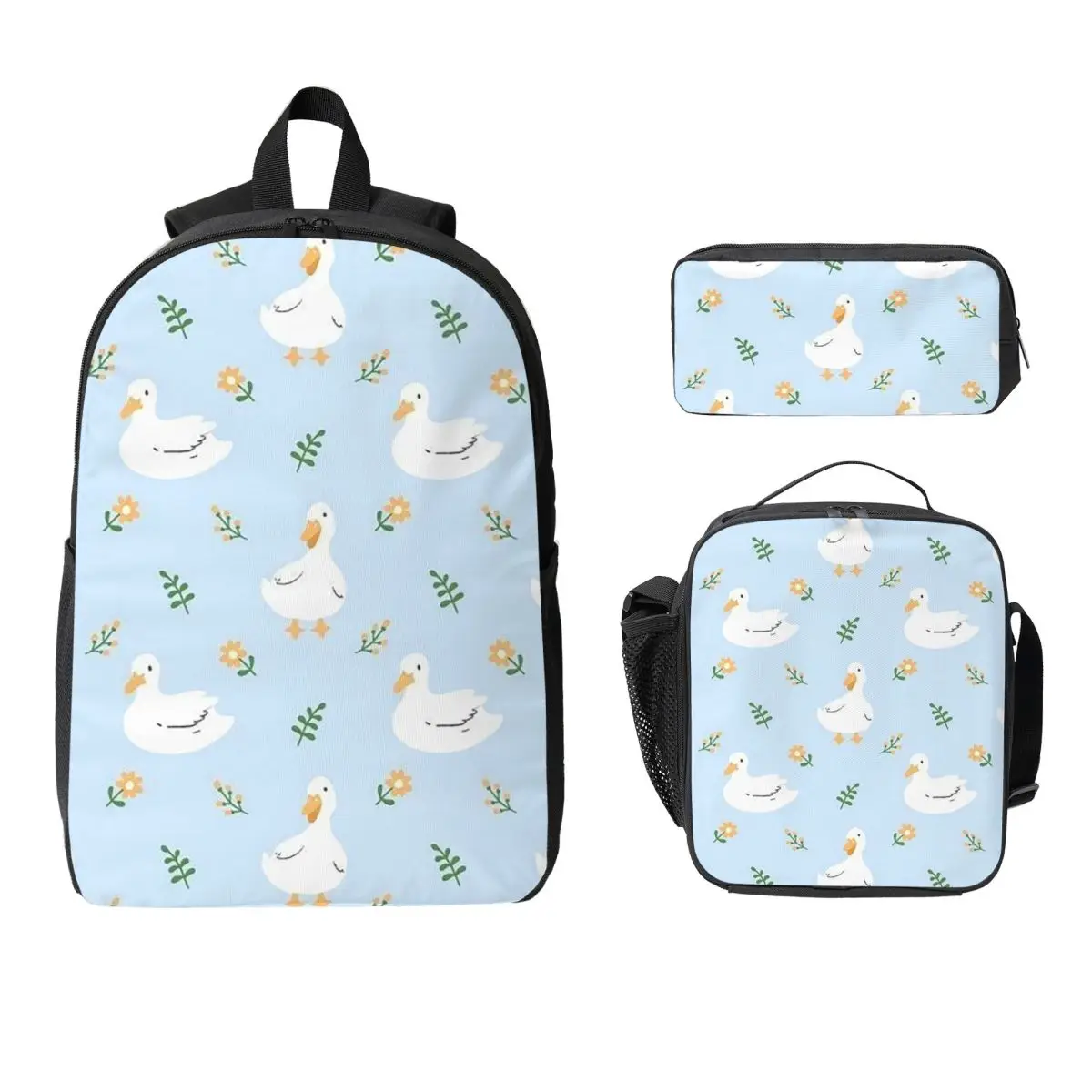 Nordic Style White Goose Backpack Boys Girls BookBag School Bag Computer Shoulder Bags 3ps Insulated Lunch Bag Pencil Case