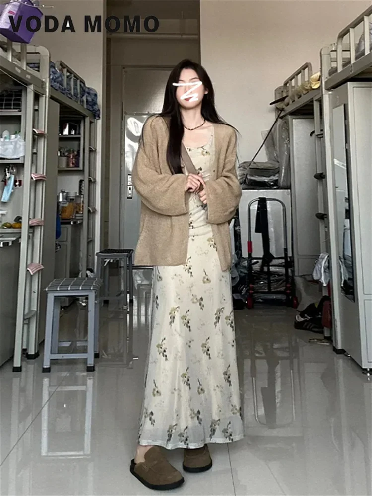 Spring Autumn 2023 Harajuku Versatile Fashion New Long Dress Mesh Fragmented Flower Long Sleeve Dress Elegant Design Gentle Wind