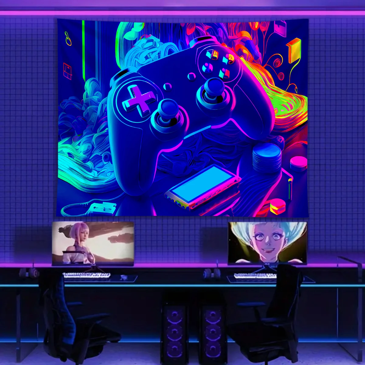 1pc Punk Style Game Fluorescent Tapestry, Uv Reactive Tapestry, Boys\' Esports Room Decoration Neon Light Effect Tapestry