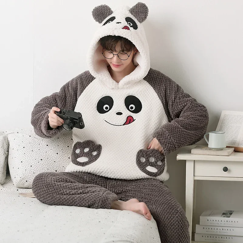 Winter Men Pijama Sets 2PCS Adult Korean Hooded Sleepwear Pyjama Male Loungewear Cute Panda Thicken Soft Warm Pajama  Pyjamas