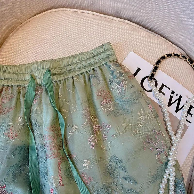 New Chinese Style Green Temperament Retro Embroidery Loose Women's Summer Mesh Jacquard Casual Shorts