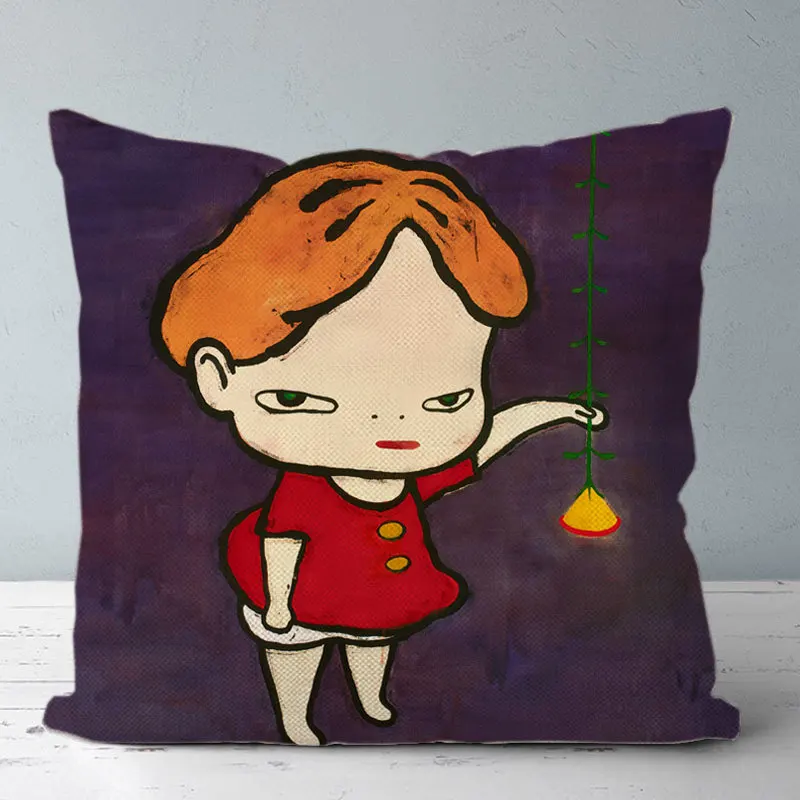 Hand Drawn Cute Big Head Child Cushion Cover Japanese Style Backrest Pillowcase Home Decorative Sofa Ornaments Girl Portrait