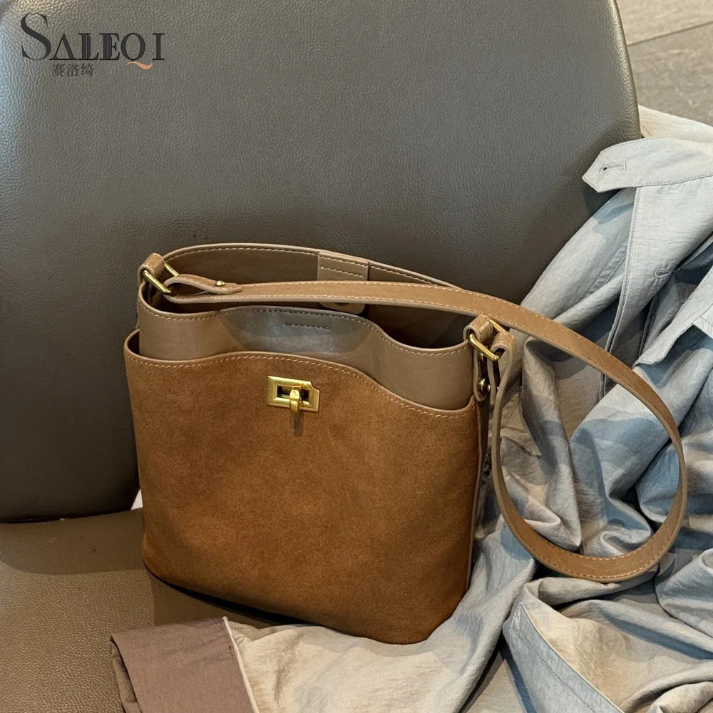 

Genuine Suede Leather Women's Shoulder Crossbody bucket Bag Luxury Designer Brand Soft Cowhide Female Small Handbag High Quality