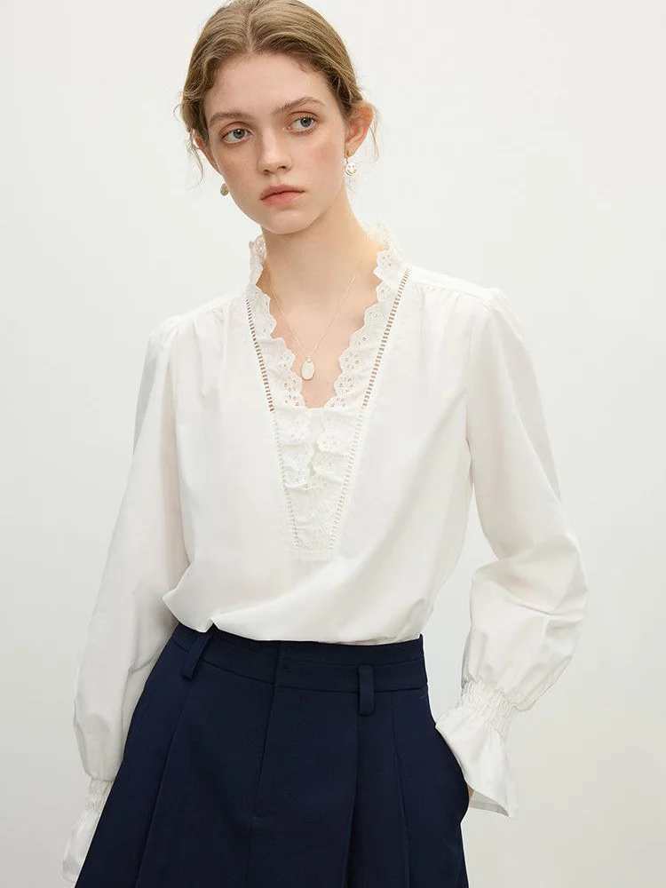 Kant Patchwork Wit Shirt Dames Vintage Amerikaanse Lente Lange Mouw Sexy V-hals Blouse Casual Losse Preppy Stijl Elegante Tops