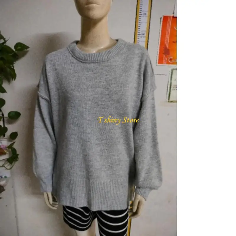 N58F Comfortable Round Neck Long Sleeve Sweater for Women Batwings Sleeves Side Openings