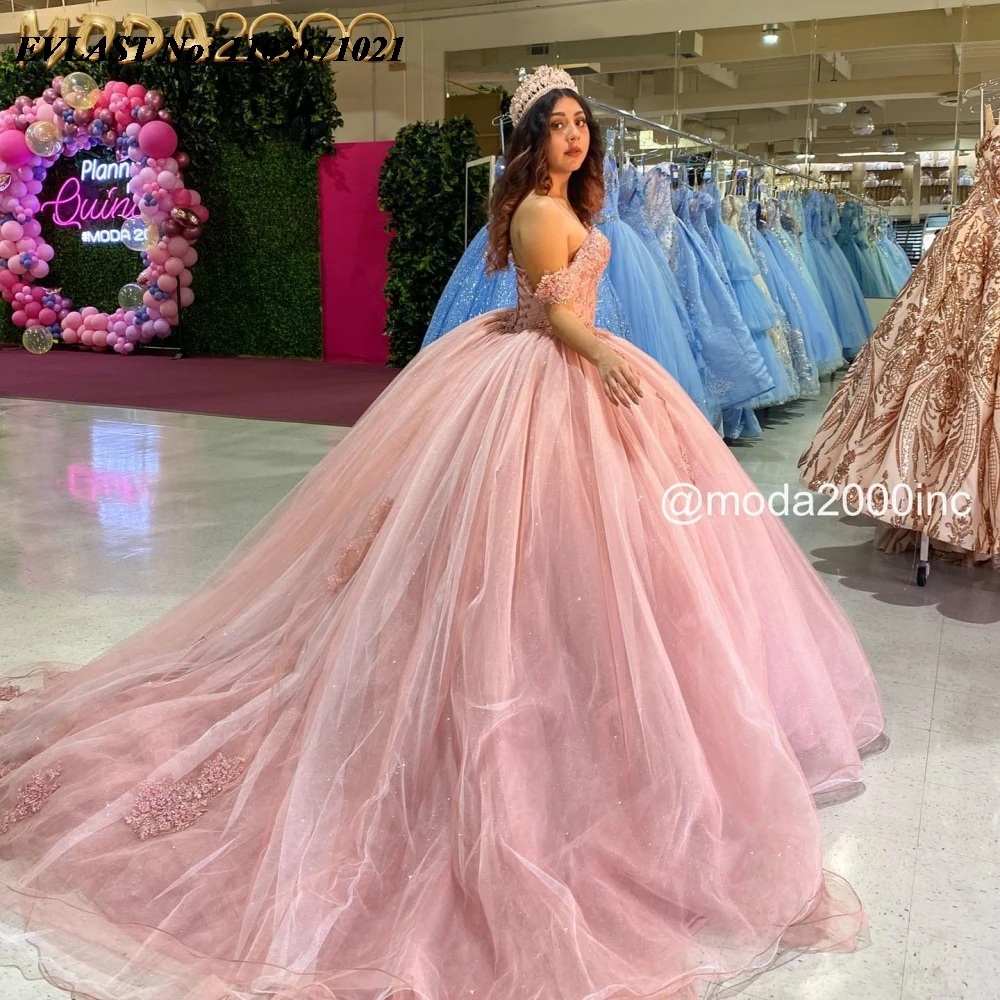 EVLAST Personalizado Rosa Quinceanera Vestido de Baile Appliqued Renda Frisado Cristal Tule Espartilho Doce 16 Vestidos De 15 Anos SQ728