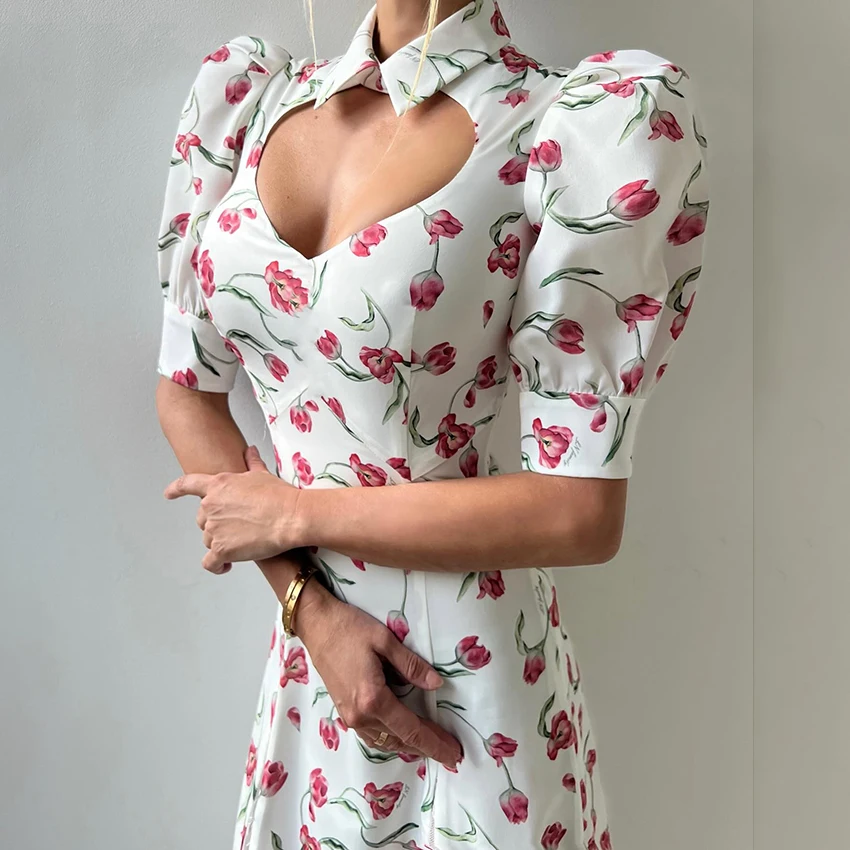 2025 new high-waisted floral print long dress, sexy cut-out lace dress, summer vacation dress with puffed sleeves