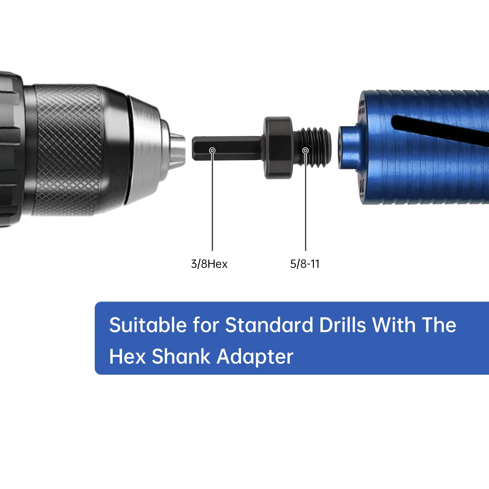 53mm 5/8 inch -11 Male to 3/8 inch Hex Shank Adapter for Threaded Hole Saw Drill Core Drill Bit Adapter for Grinding Polishing