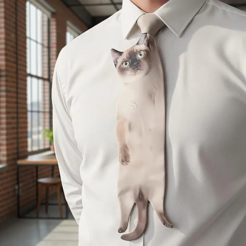 Kitten Necktie Lifelike 3D Cat Design Satin Fabric for Animal Print Lovers