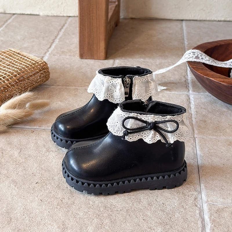 Girls Lace Ruffle Bow Ankle Boots, Glossy PU Inner Zipper Thick Serrated Sole Non-Slip Princess Short Boots for Little Kids
